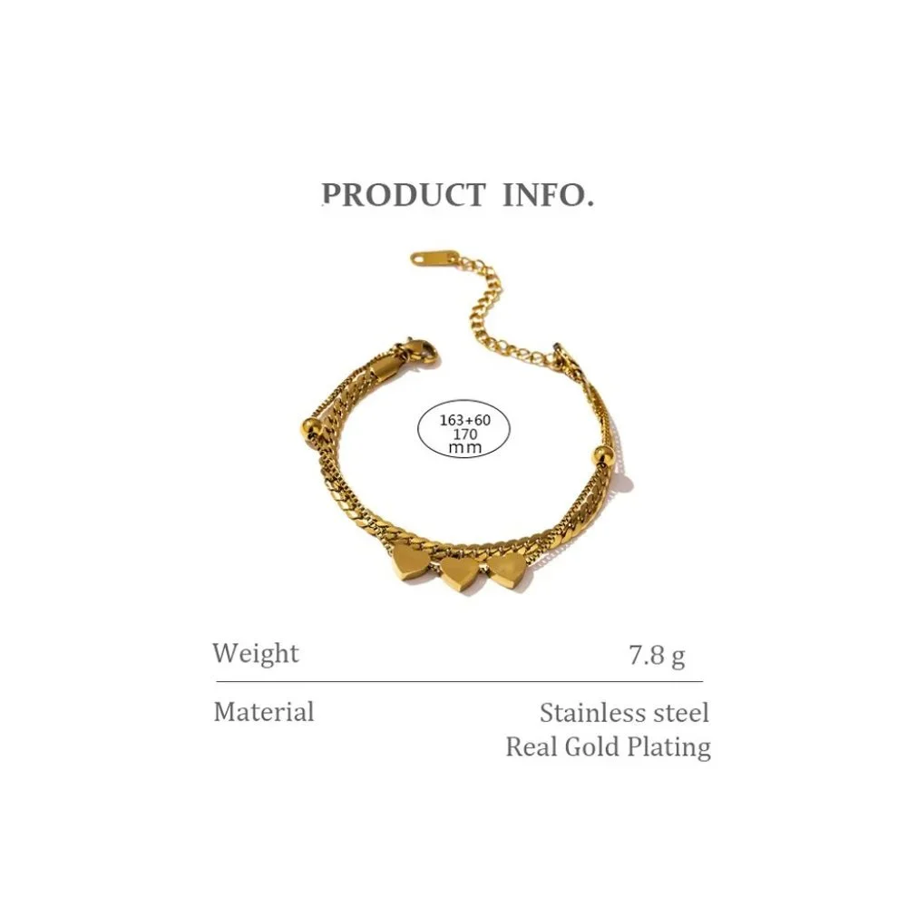 NEW 18K Gold Plated Triple Heart Double Layer Chain Bead Bracelet